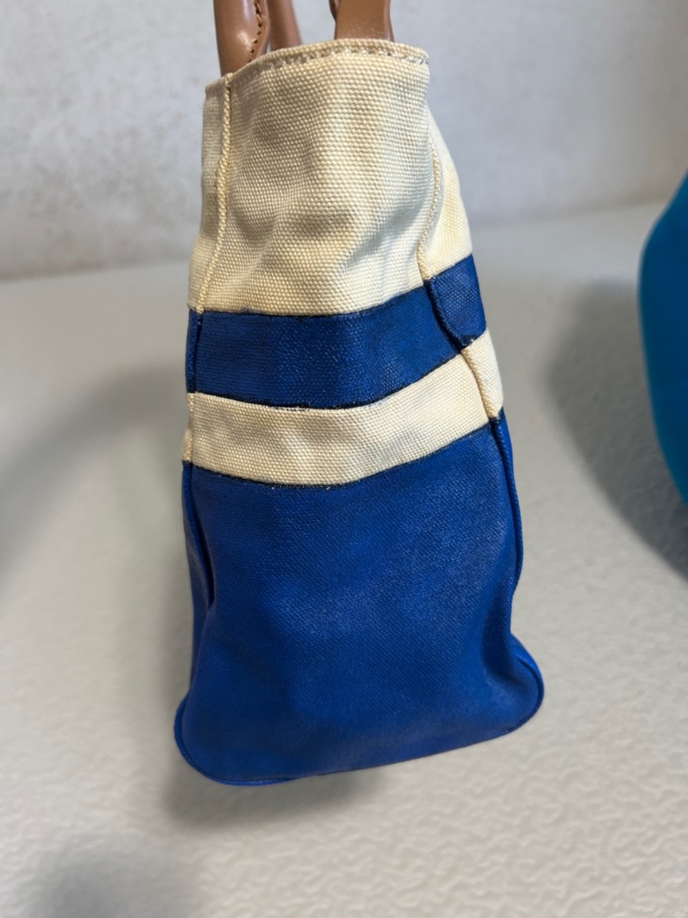 Tory Burch Blue, Cream & Tan Canvas Leather Tote - Picture 9 of 16